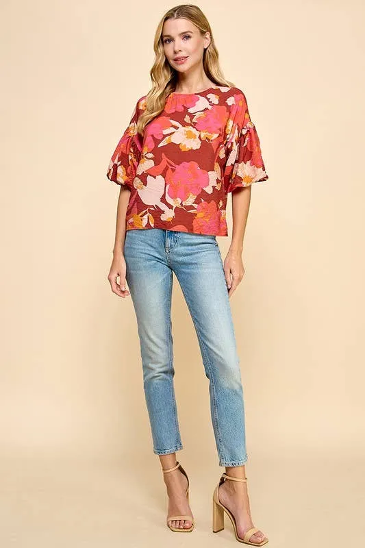 Burgundy Coral Floral Printed Short Balloon Sleeves Top