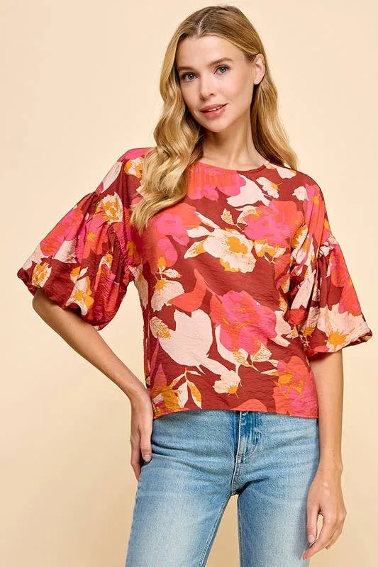 Burgundy Coral Floral Printed Short Balloon Sleeves Top