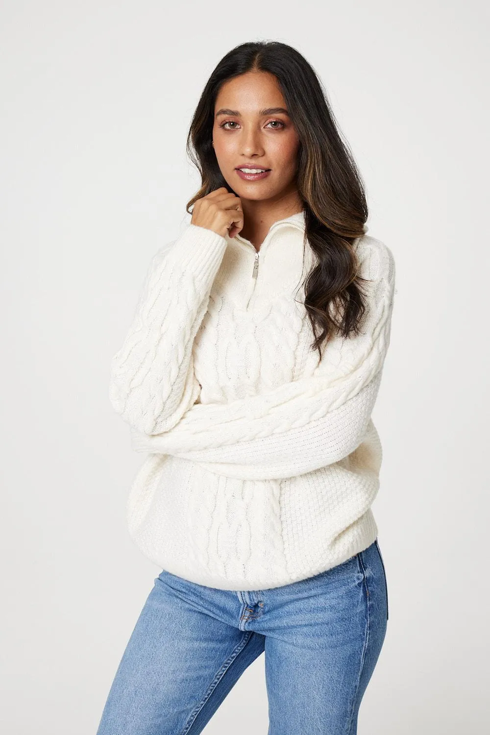 Cable Knit Zip Neck Knit Jumper