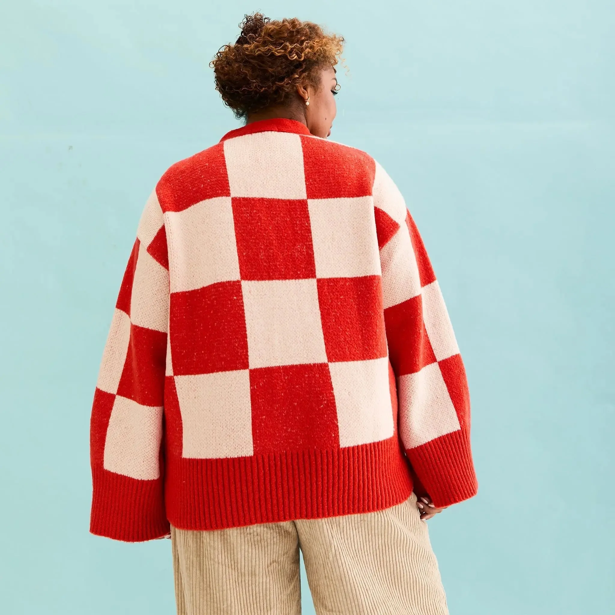 Candice Checked Wide Sleeve Cardigan - Red & White