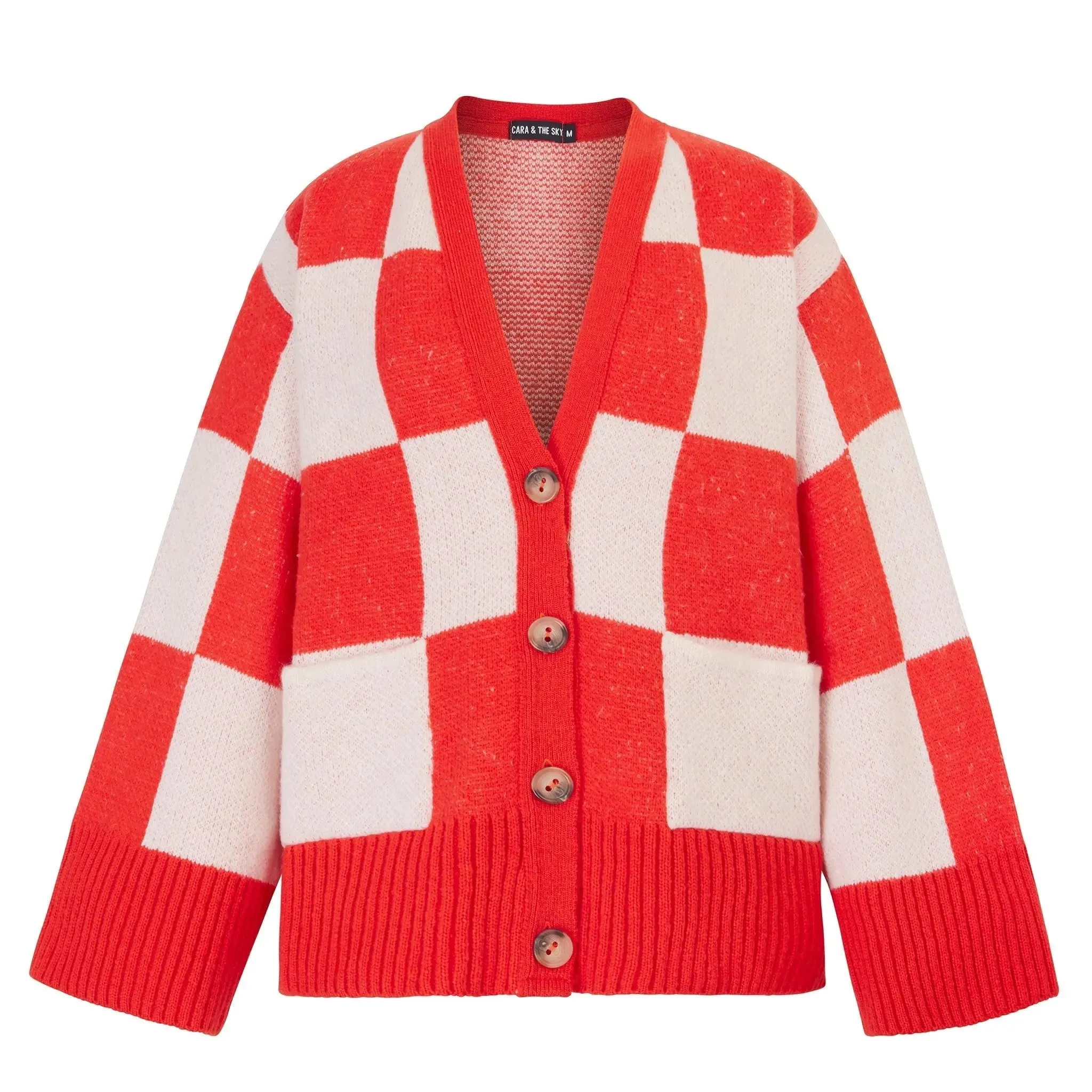 Candice Checked Wide Sleeve Cardigan - Red & White