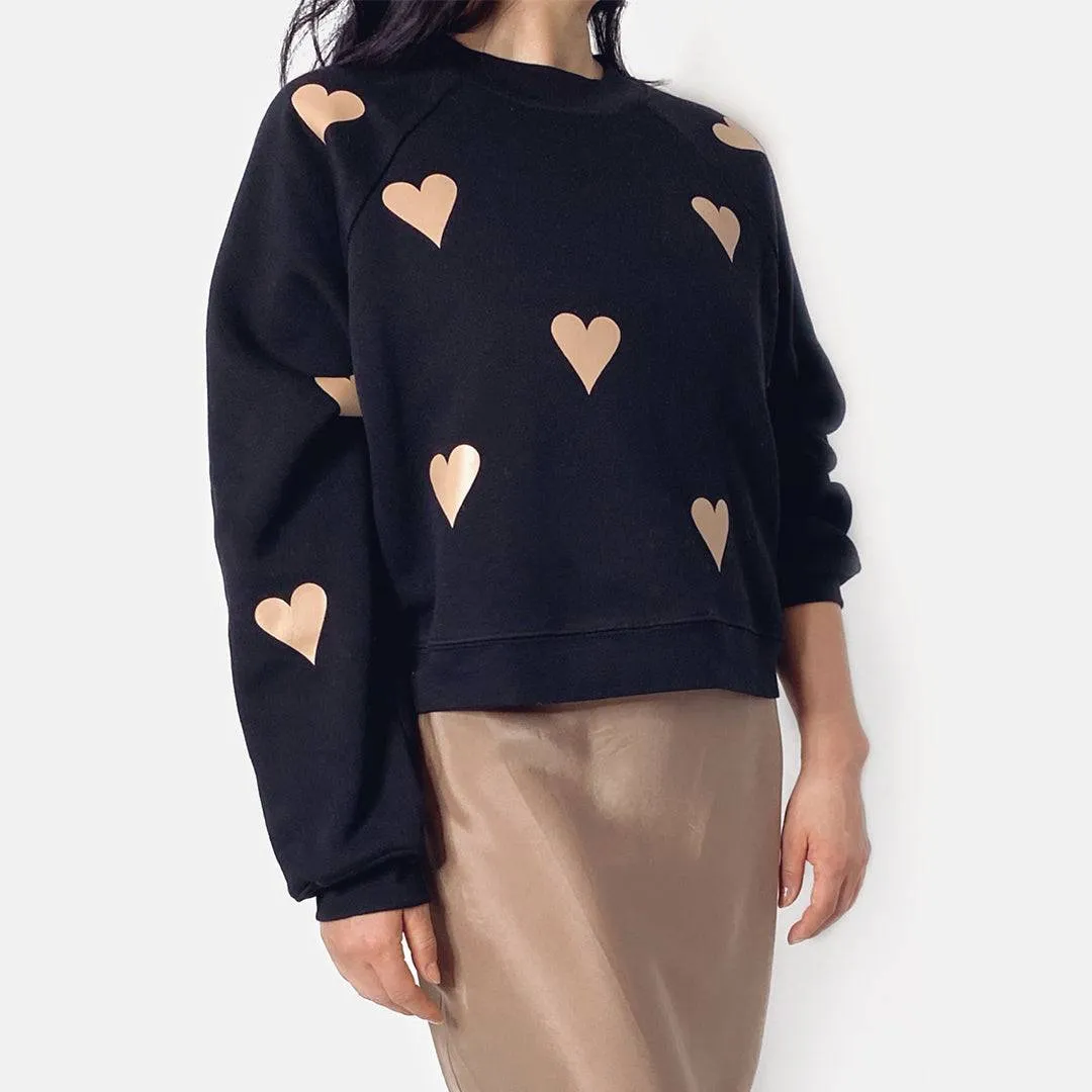 Casey Black Crewneck Sweatshirt with Tan Foil Hearts