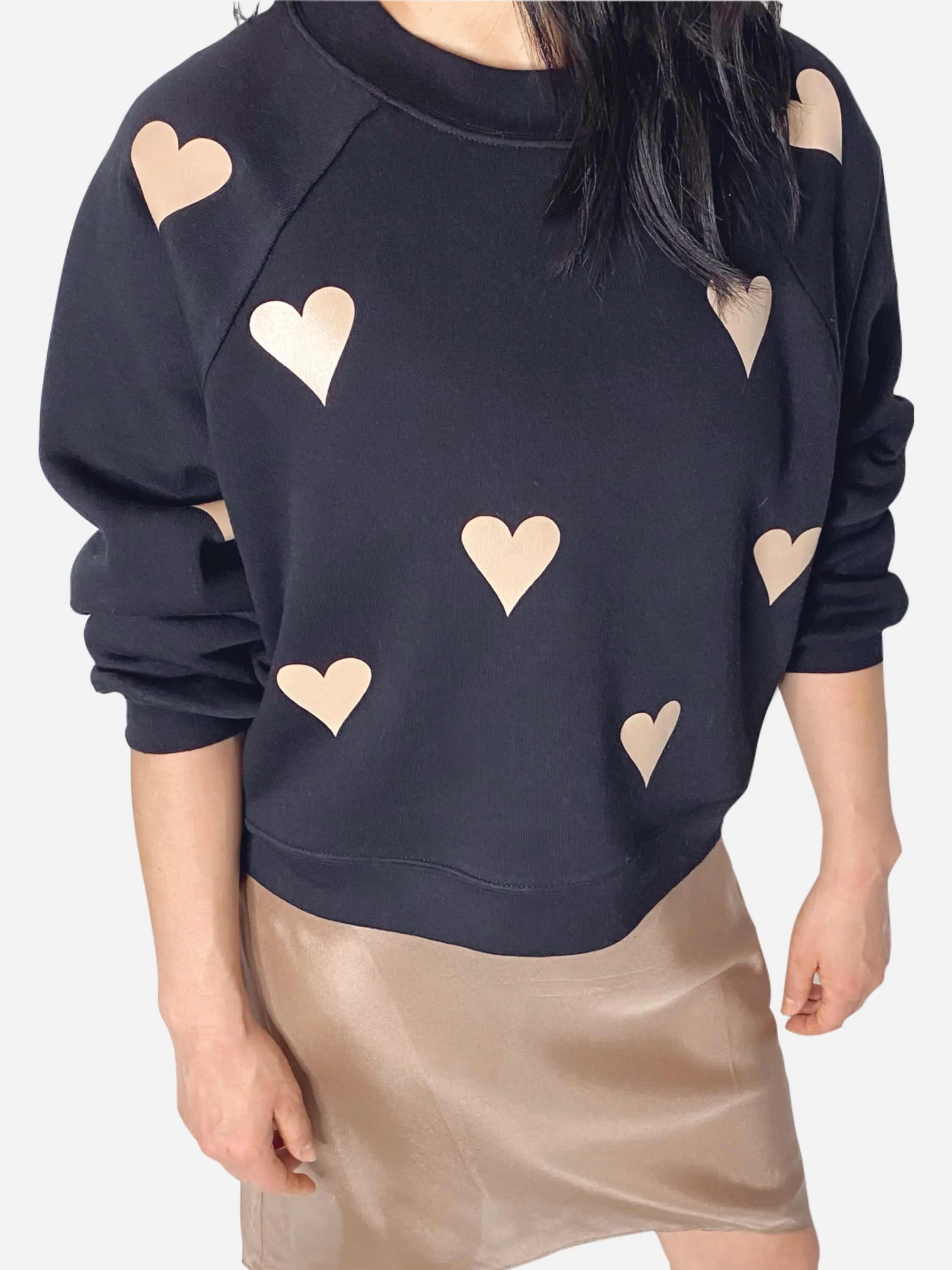 Casey Black Crewneck Sweatshirt with Tan Foil Hearts