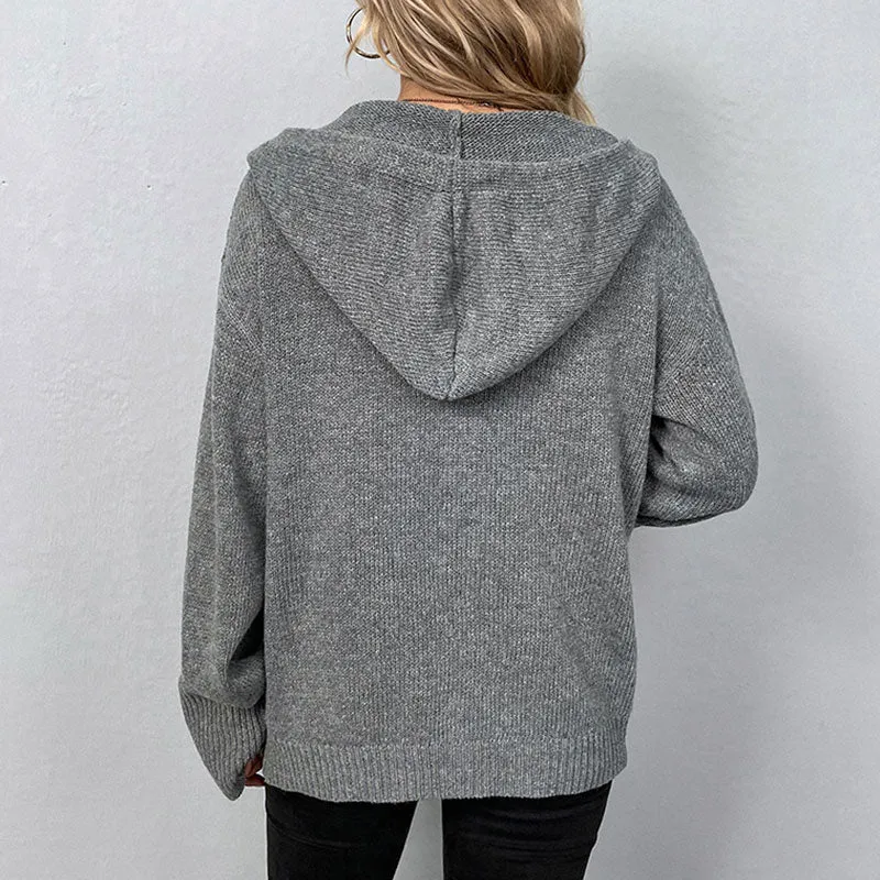 Casual Drawstring Hooded Marled Knit Long Sleeve Button Up Cardigan