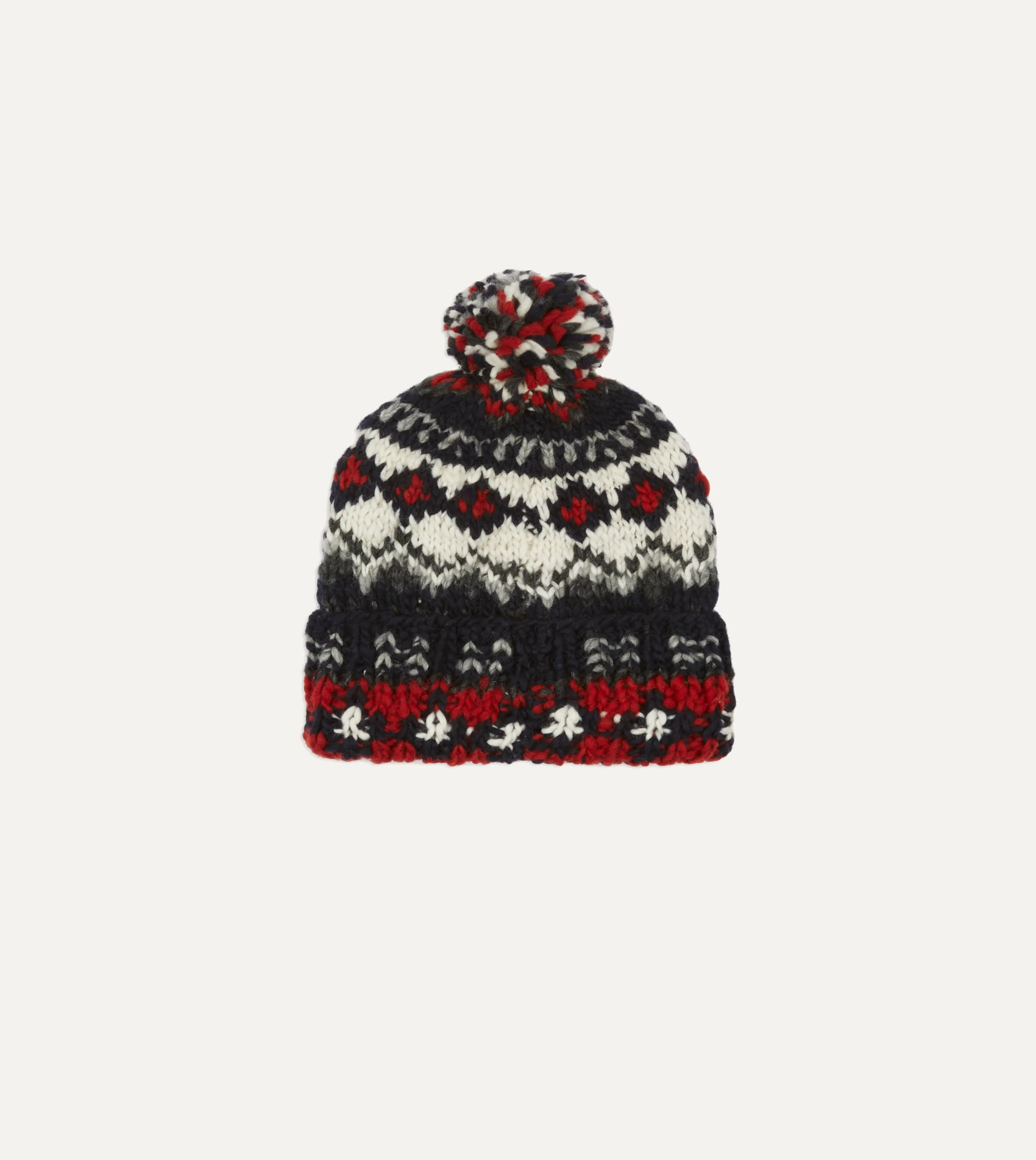 Chamula for Drakes Navy Fairisle Merino Wool Knit Cap - Luxurious Winter Accessory