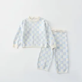 Checked Knitted Toddler Tracksuit Set - Blue