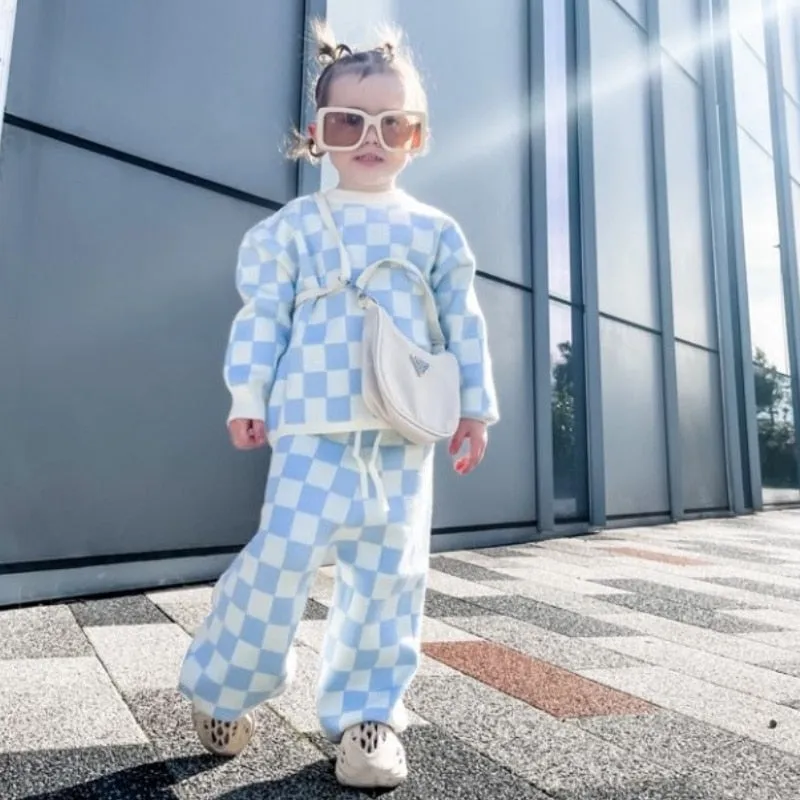 Checked Knitted Toddler Tracksuit Set - Blue