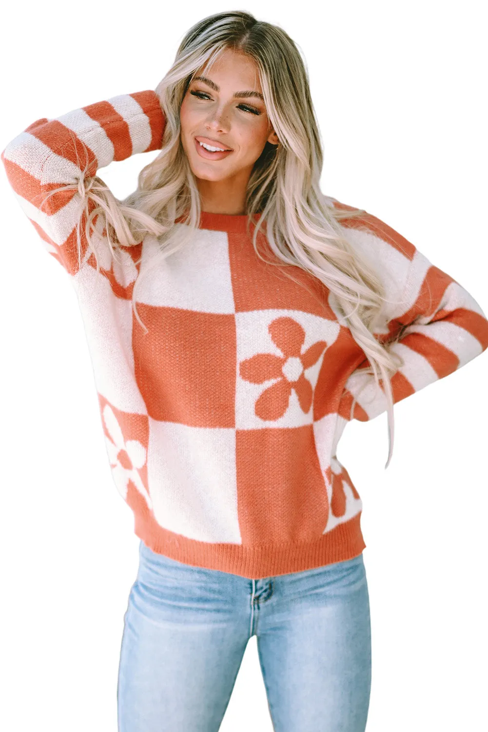 Checkered Floral Print Striped Sweater