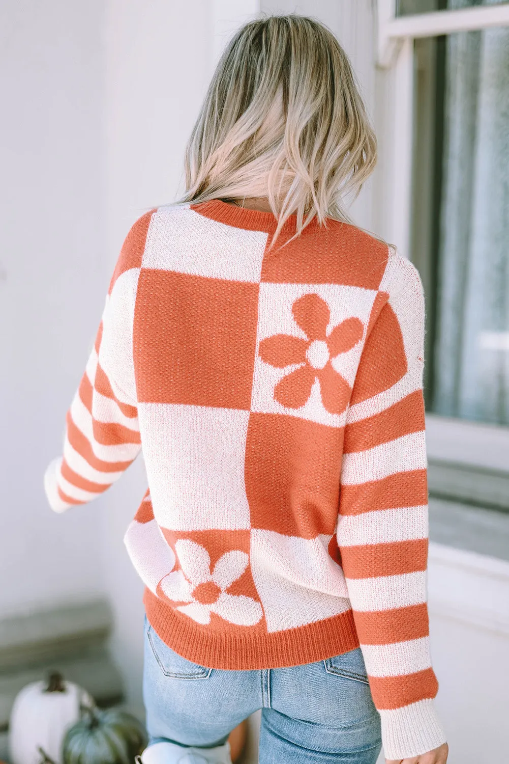 Checkered Floral Print Striped Sweater