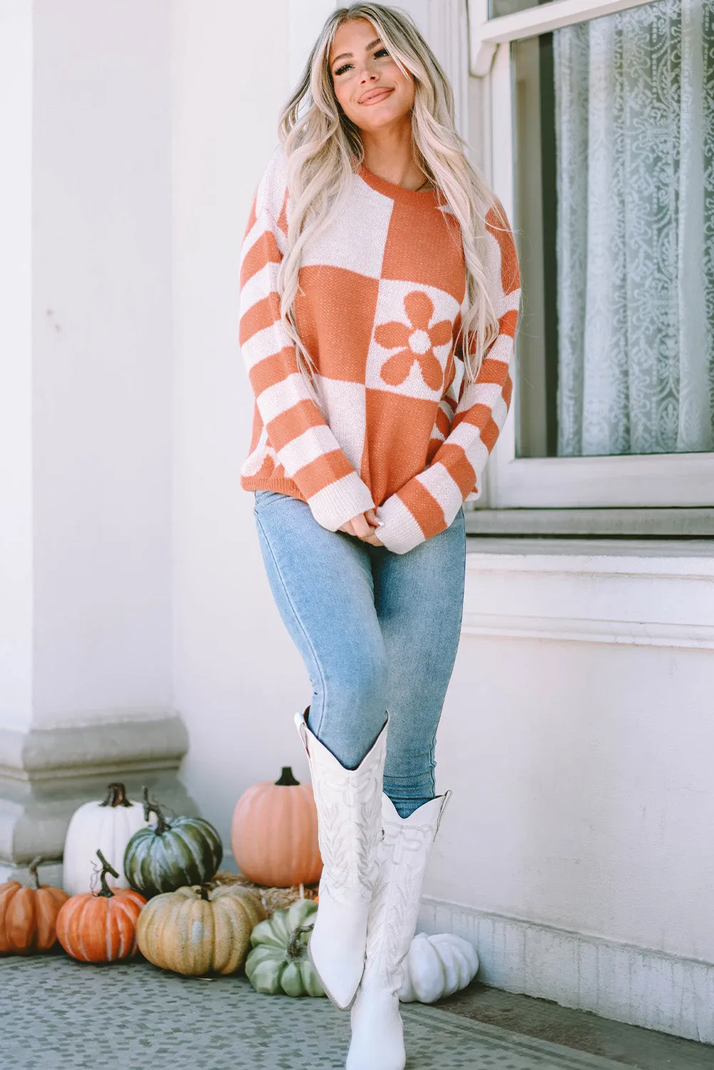 Checkered Floral Print Striped Sweater