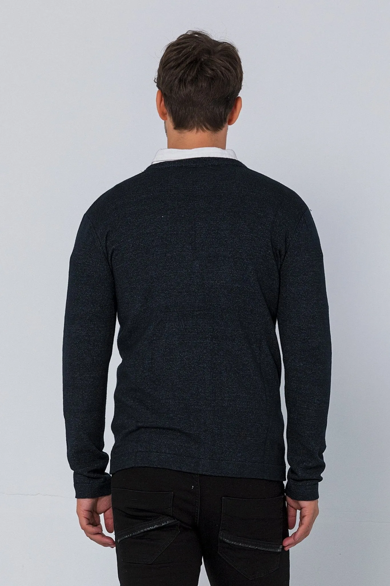 Classic V-neck Button Front Knit Shirt - Anthracite