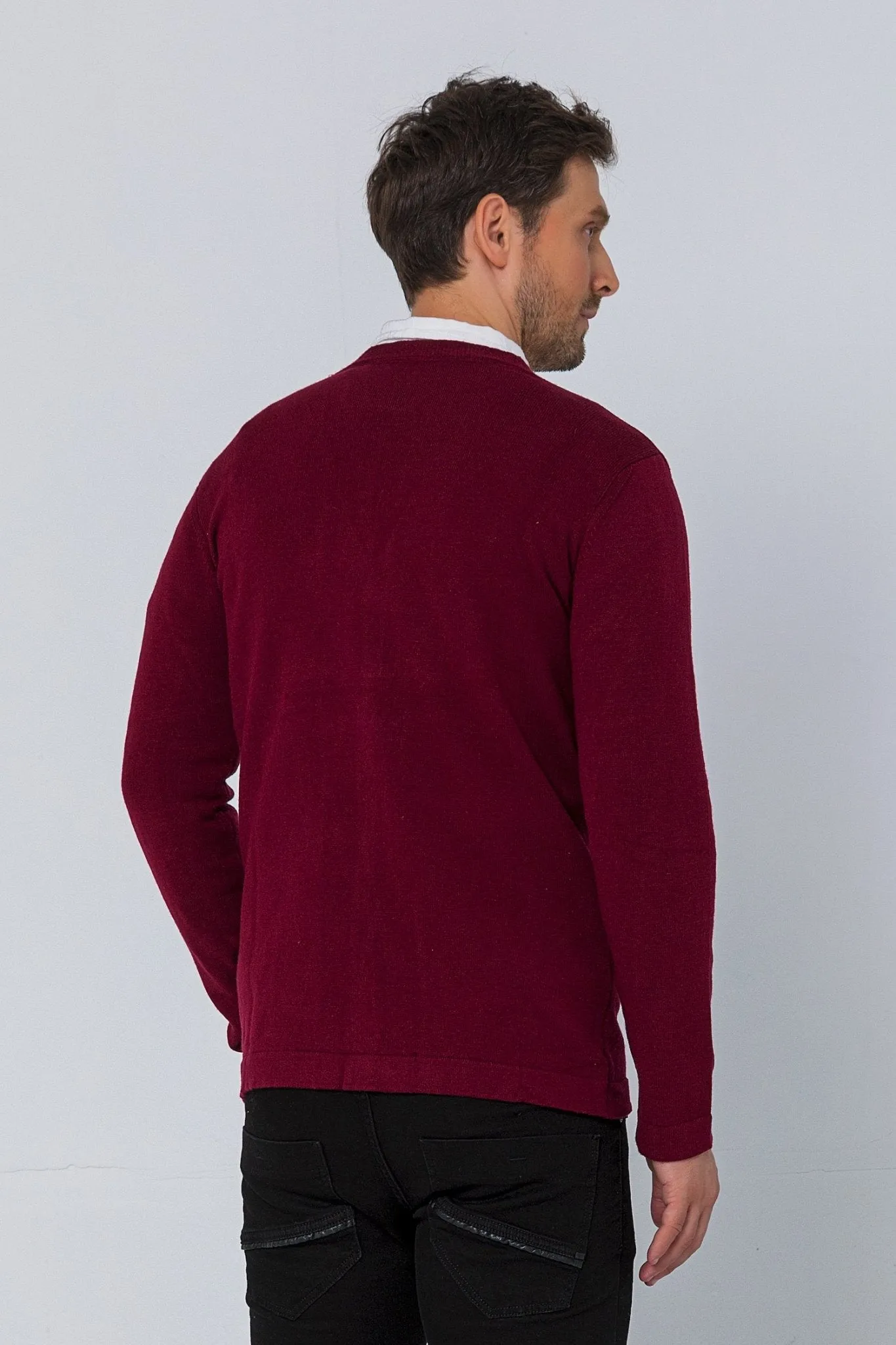 Classic V-neck Button Front Knit Shirt - Burgundy