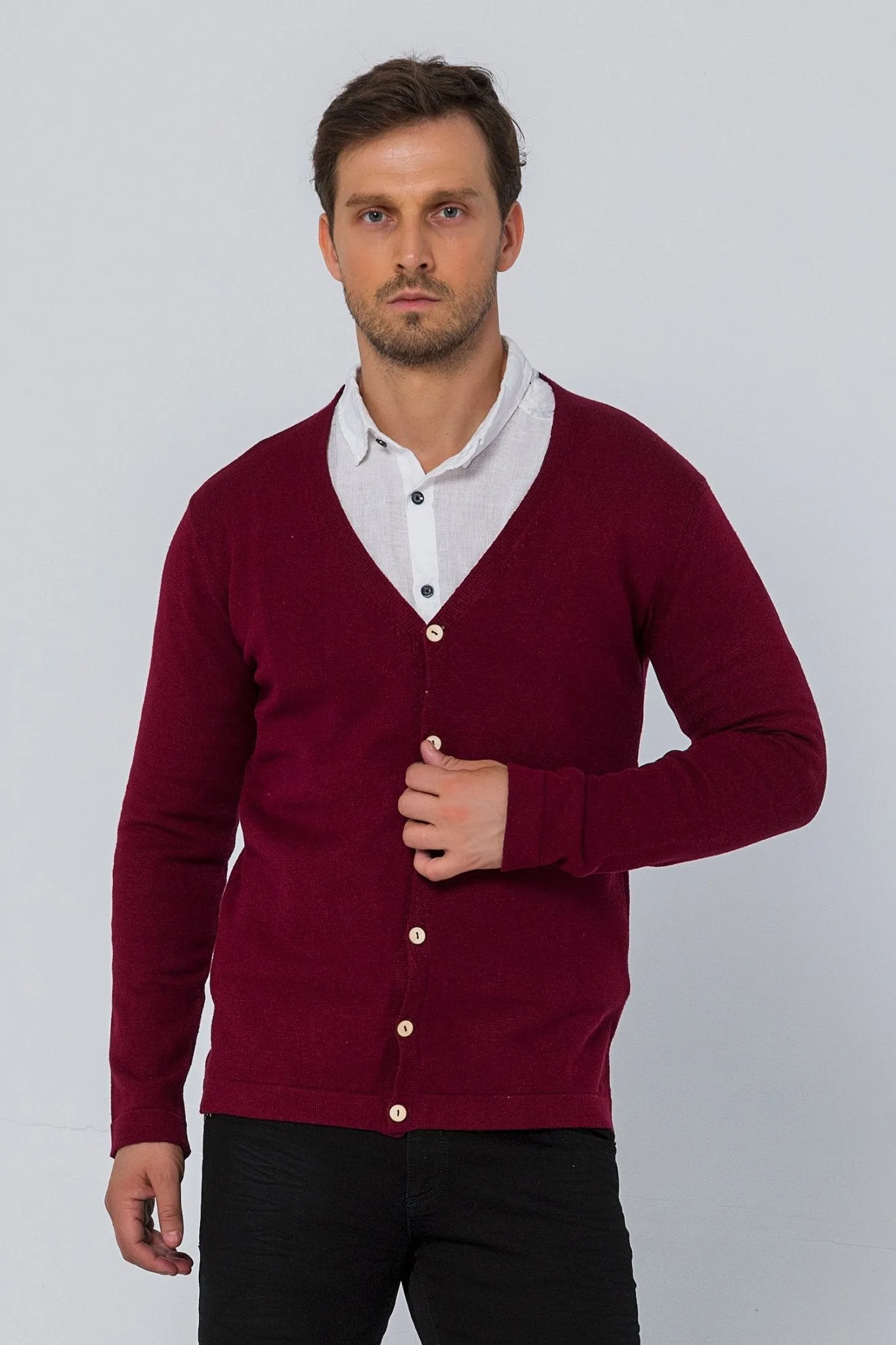 Classic V-neck Button Front Knit Shirt - Burgundy