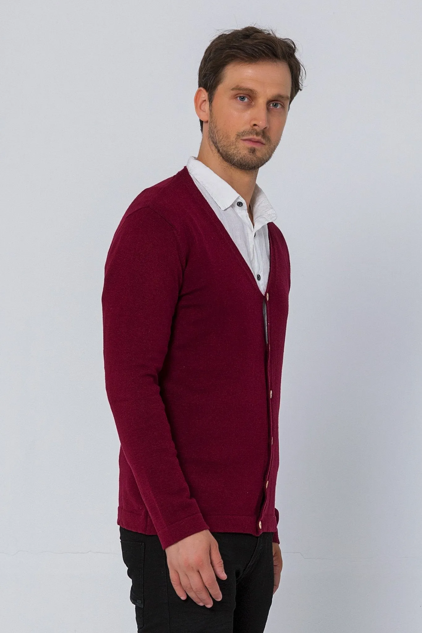 Classic V-neck Button Front Knit Shirt - Burgundy