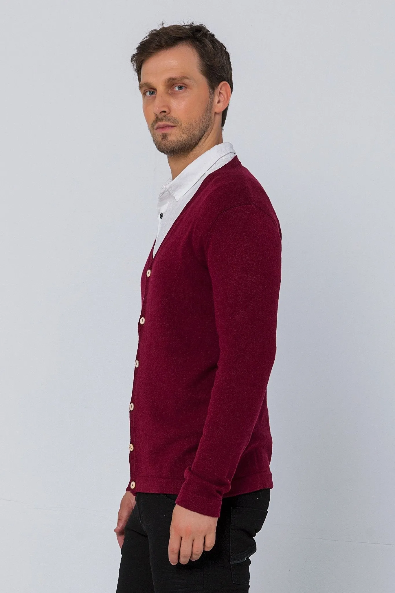 Classic V-neck Button Front Knit Shirt - Burgundy