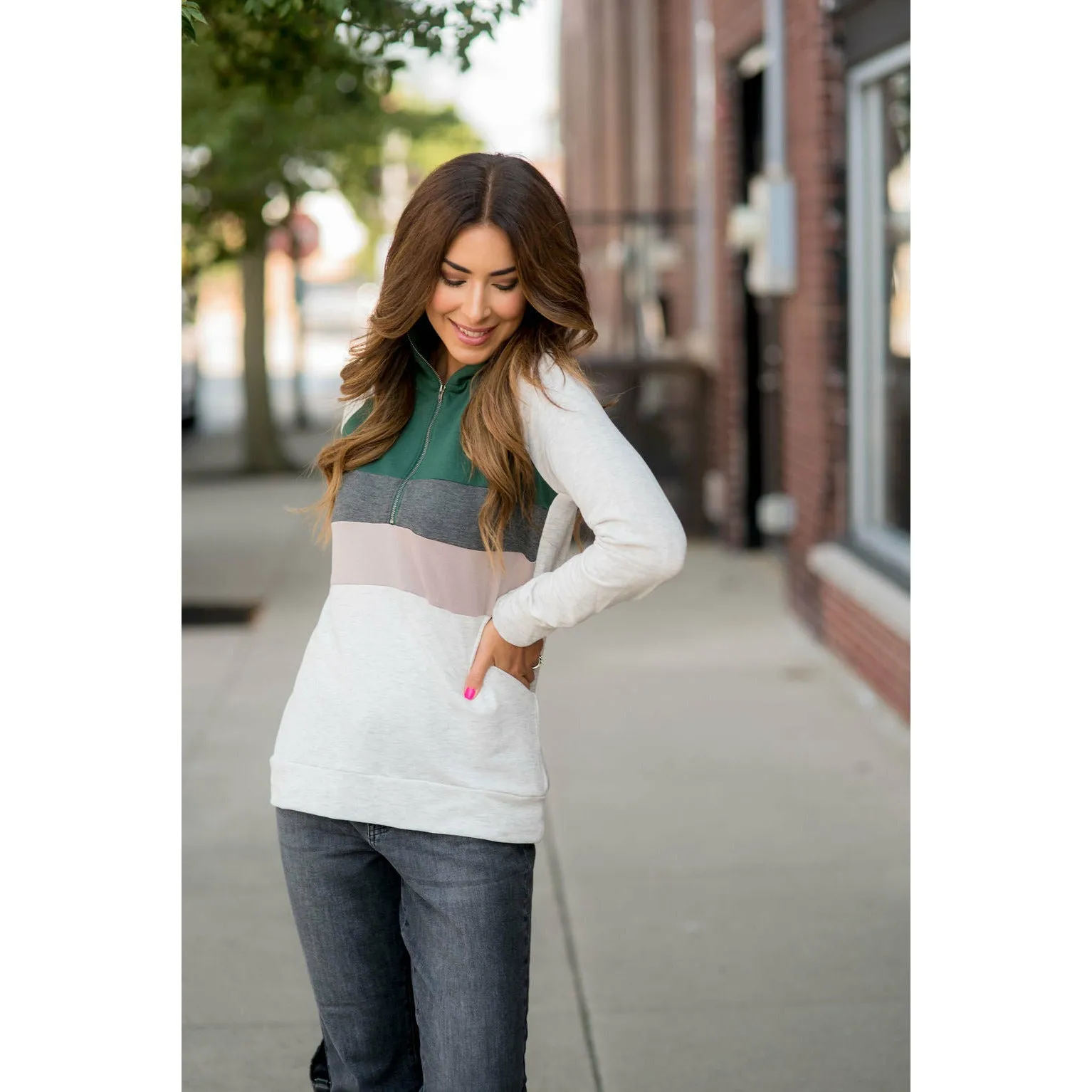 Color Blocked Zip Up Pullover