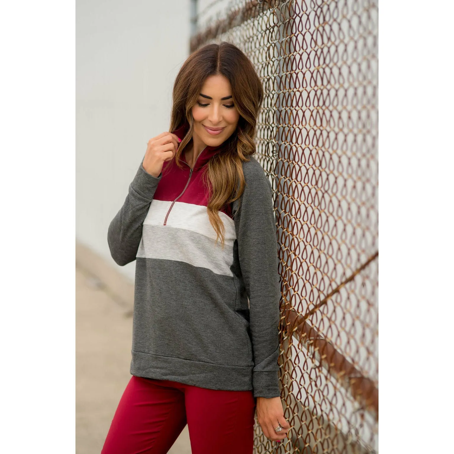 Color Blocked Zip Up Pullover