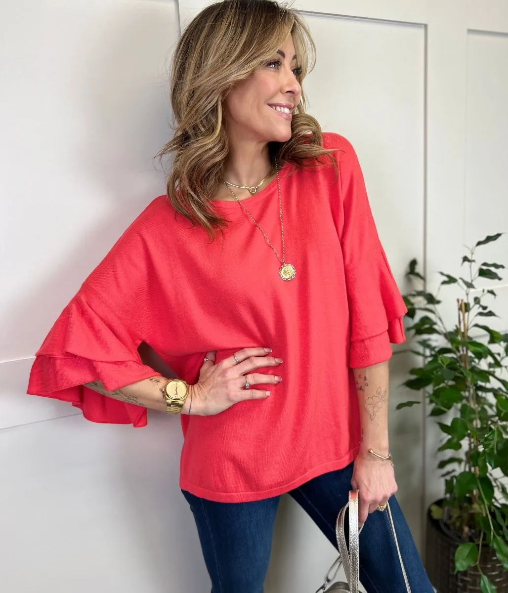 Coral Daisi Double Frill Sleeve Knit Top