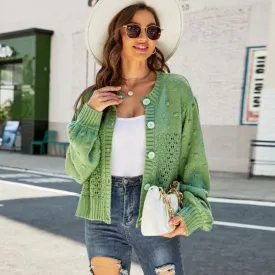 Cute Crew Neck Puff Sleeve Button Down Popcorn Crochet Knit Cardigan