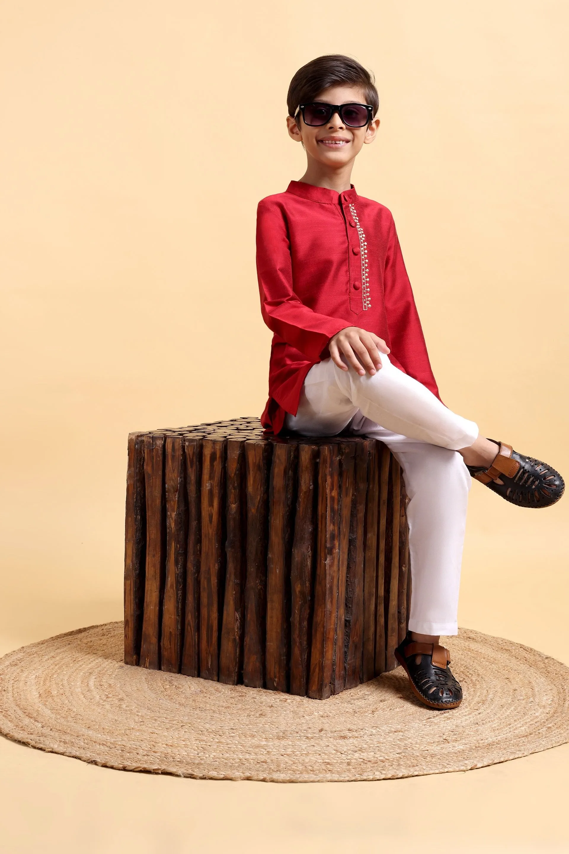 Deep Red Embroidery Cotton silk Kurta & Pajama Set