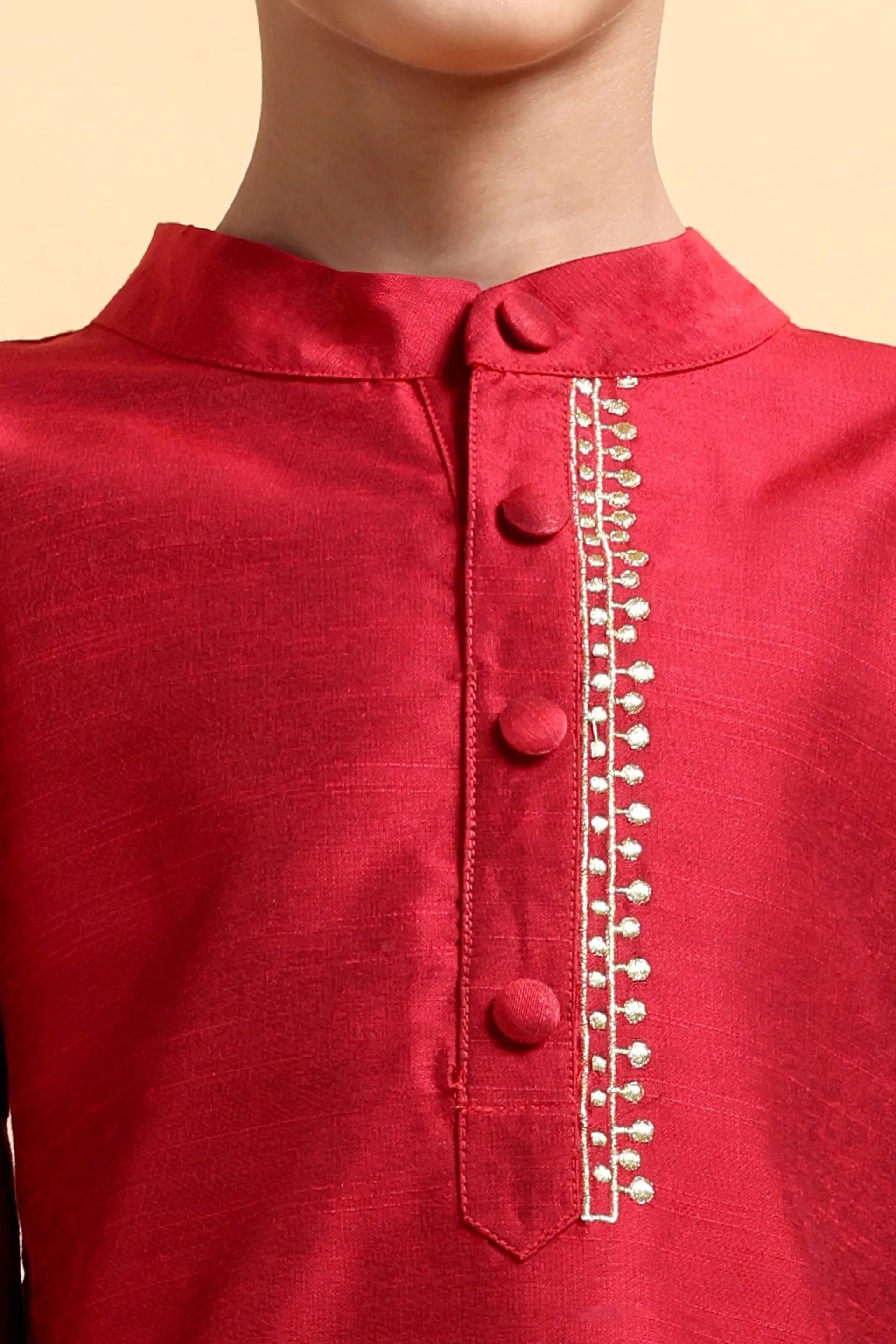 Deep Red Embroidery Cotton silk Kurta & Pajama Set