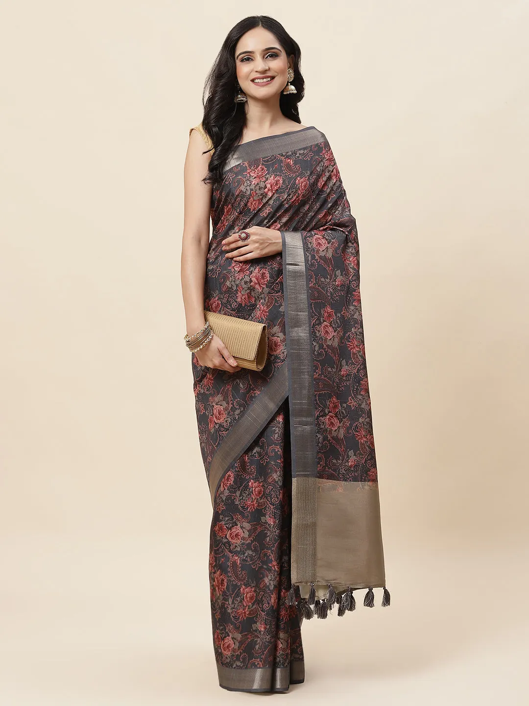 Digital Floral Printed Tussar Saree