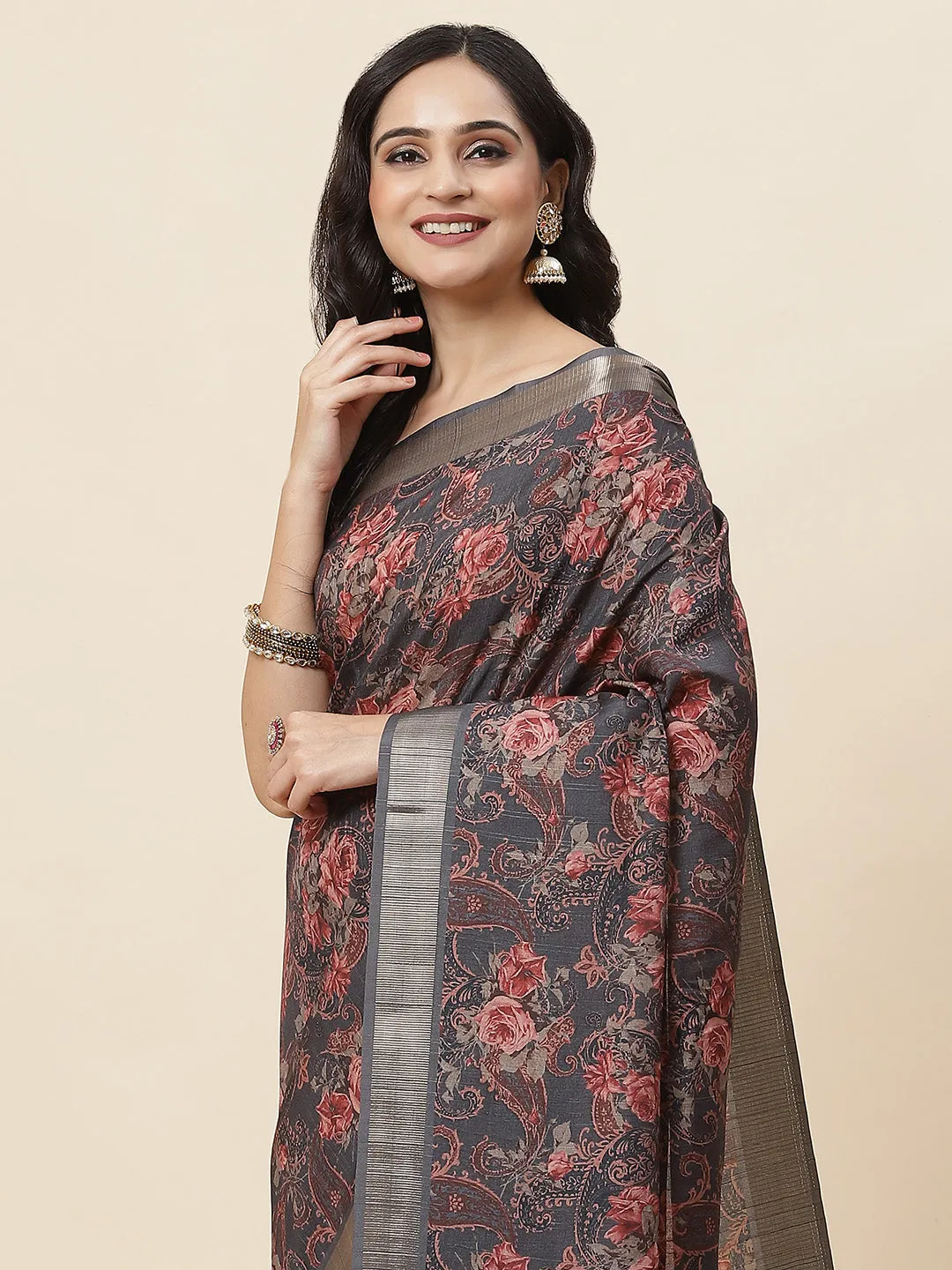 Digital Floral Printed Tussar Saree