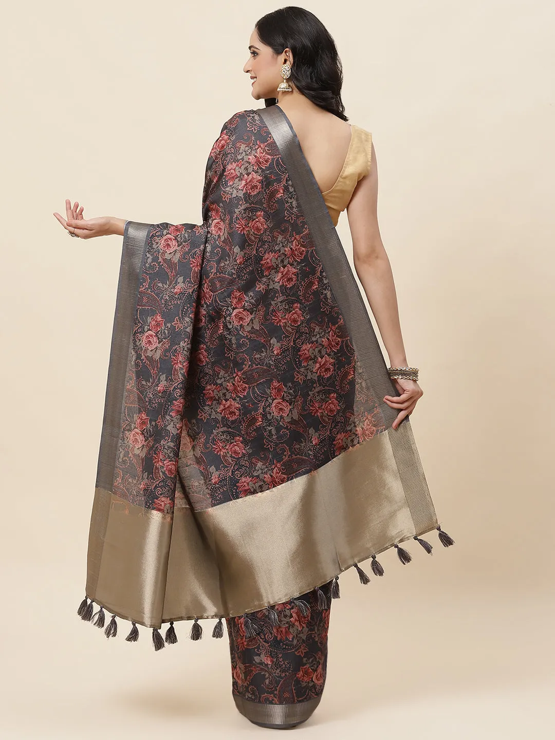 Digital Floral Printed Tussar Saree