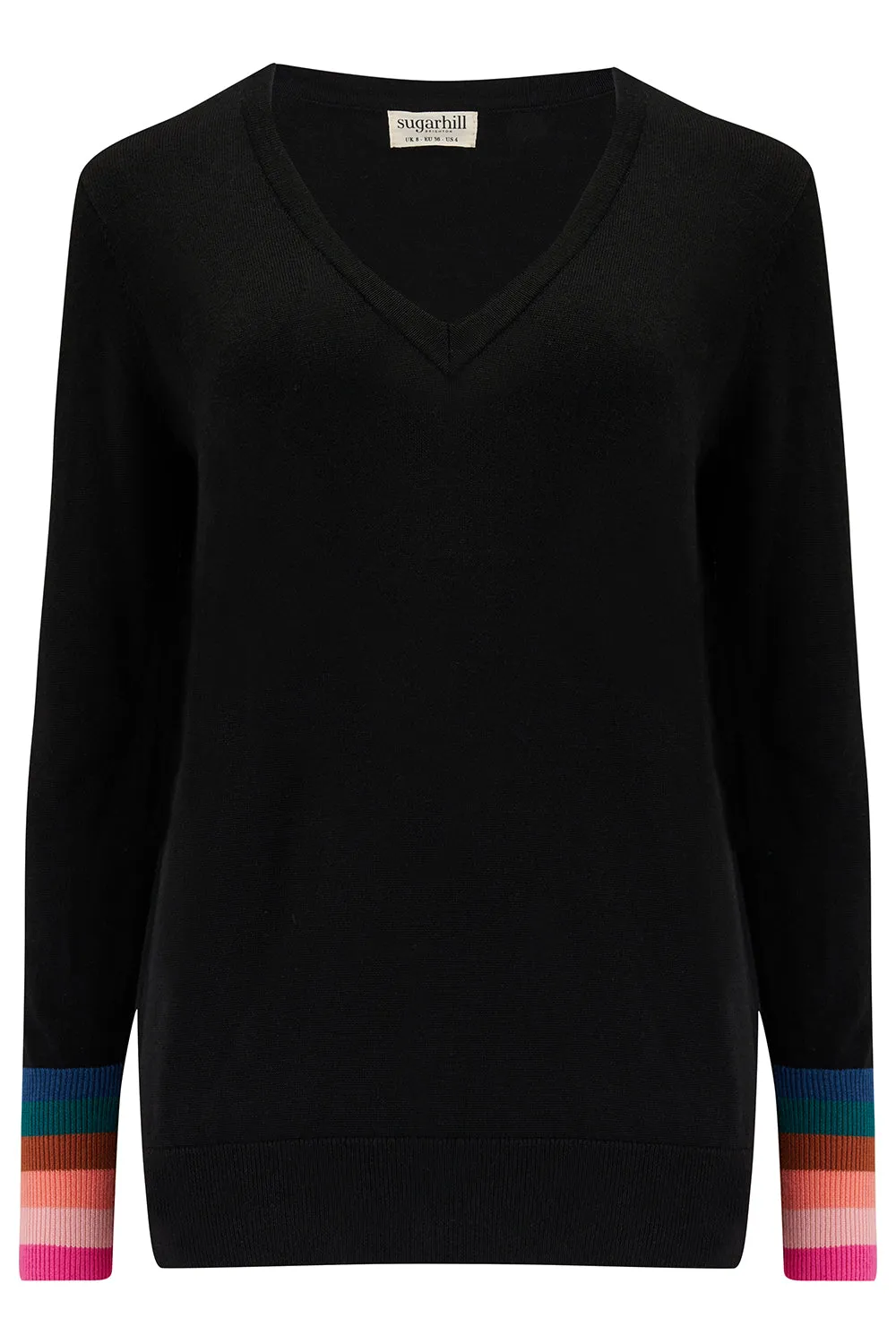 Doris V-neck Jumper - Black, Stripe Cuffs