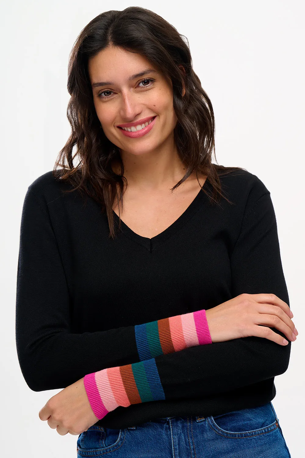 Doris V-neck Jumper - Black, Stripe Cuffs