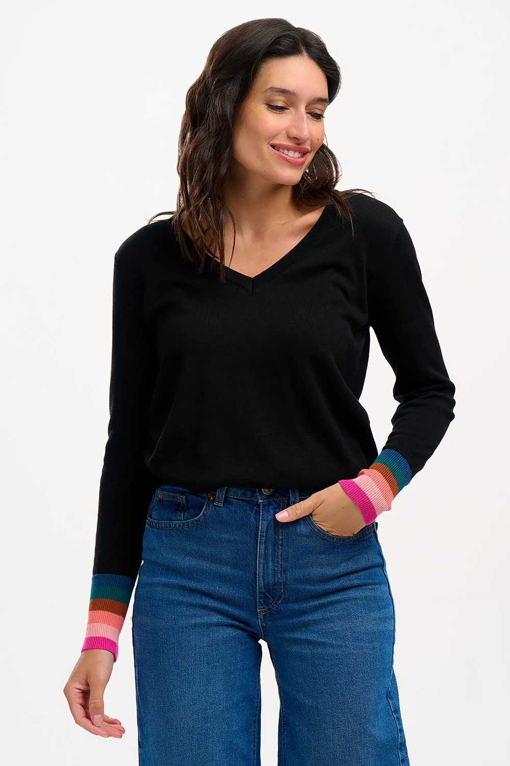 Doris V-neck Jumper - Black, Stripe Cuffs