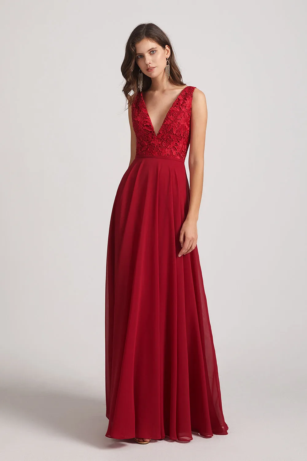 Double V-Neck Straps Lace Top Long Sexy Bridesmaid Dresses (AF0134)