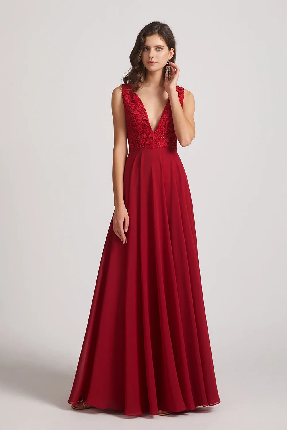 Double V-Neck Straps Lace Top Long Sexy Bridesmaid Dresses (AF0134)