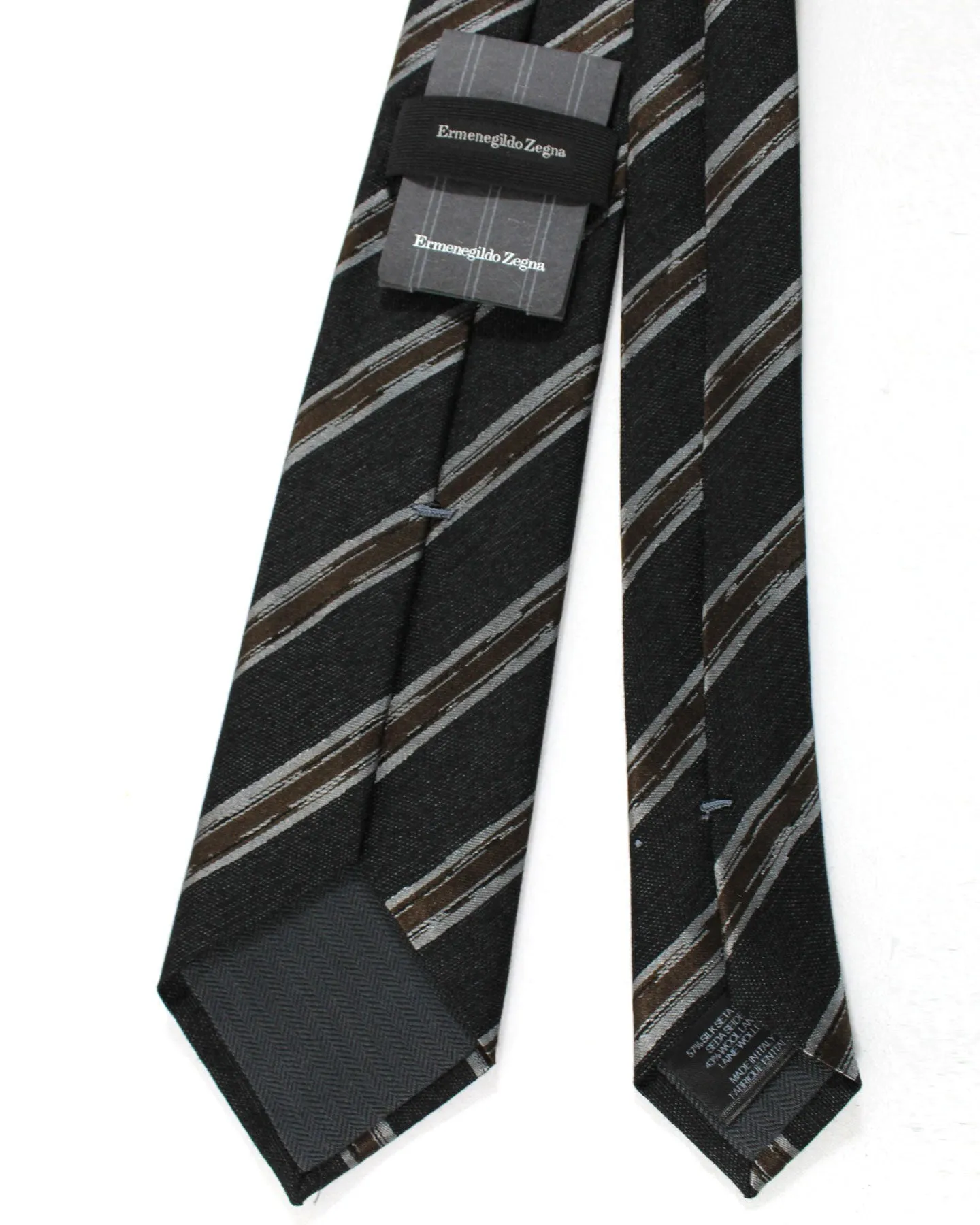 Ermenegildo Zegna Tie Charcoal Gray Brown Stripes - Wool Silk Narrow Cut FINAL SALE