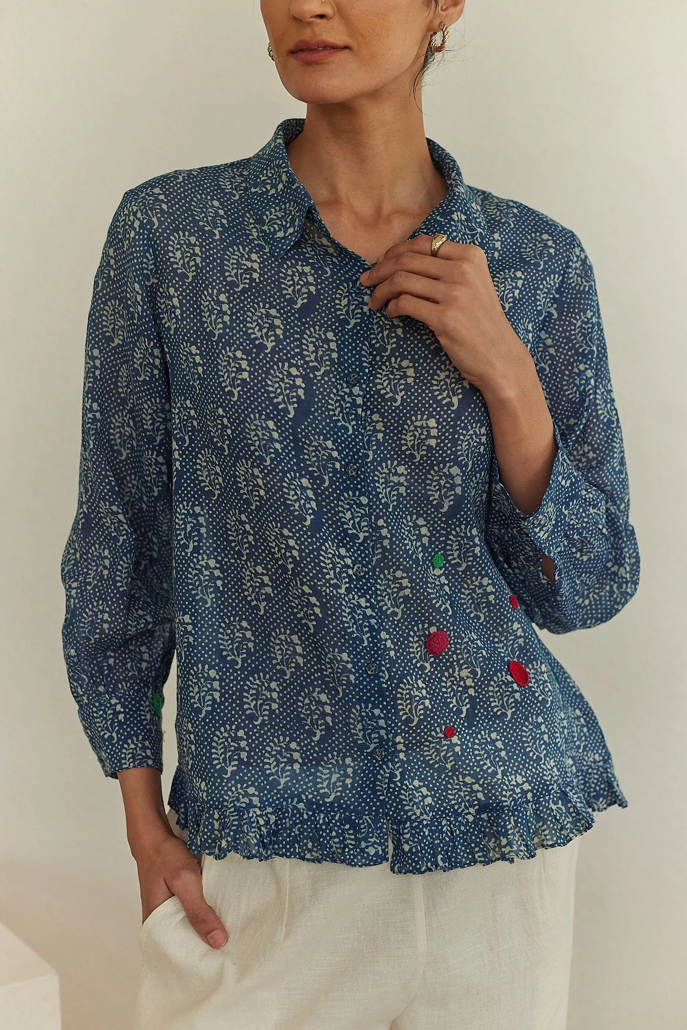 Greece Ruffle Button Down Shirt & Lobed Pants