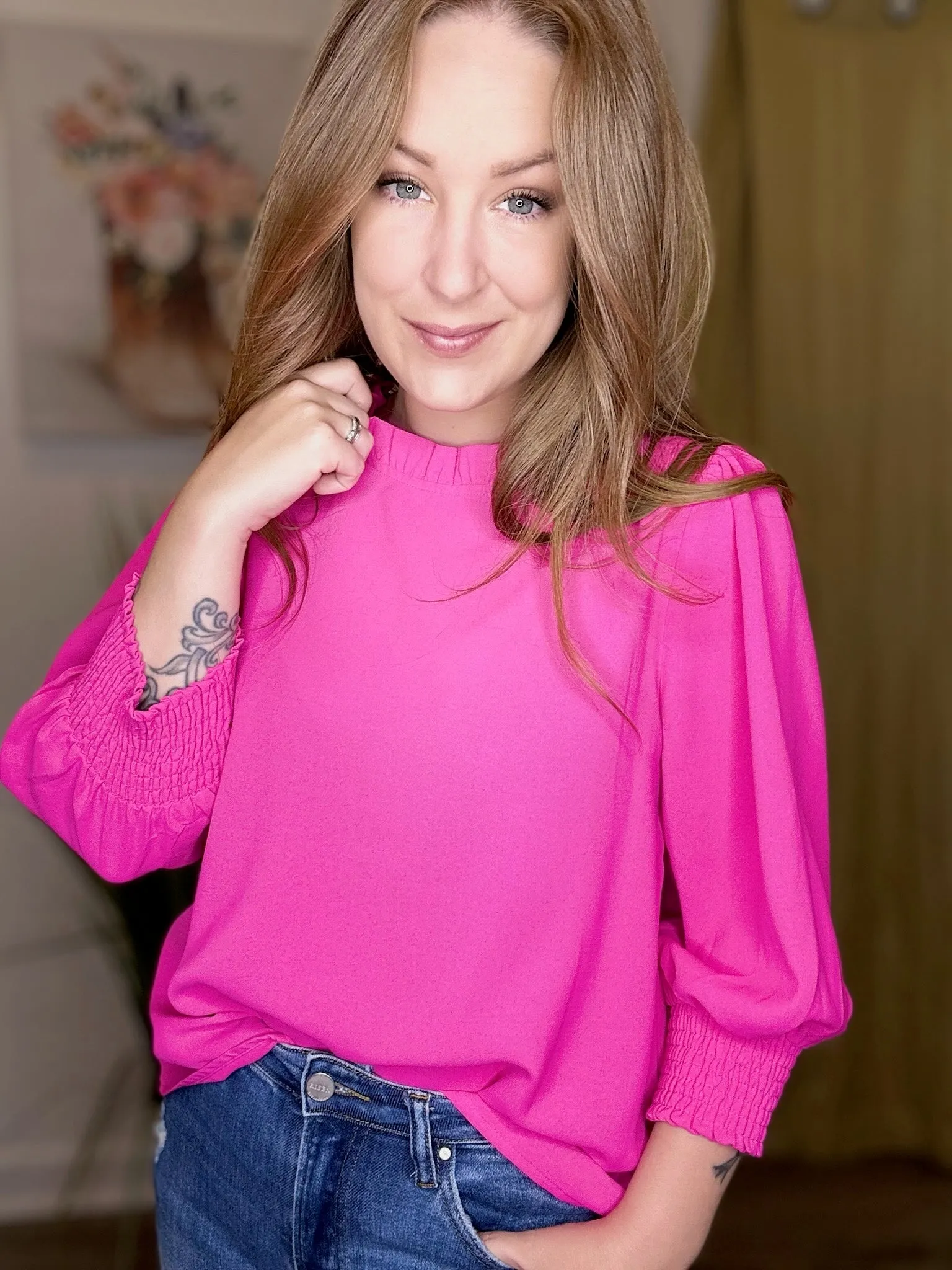 Hot Pink Bubble Sleeve Blouse