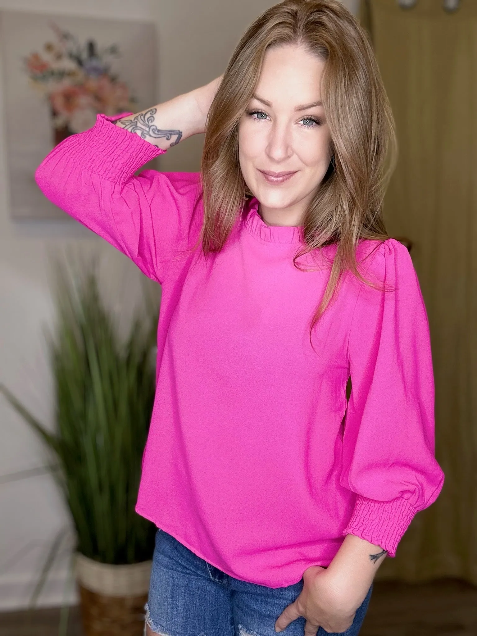 Hot Pink Bubble Sleeve Blouse