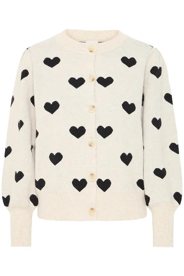 ICHI Brielle Oatmeal & Black Heart Cardigan