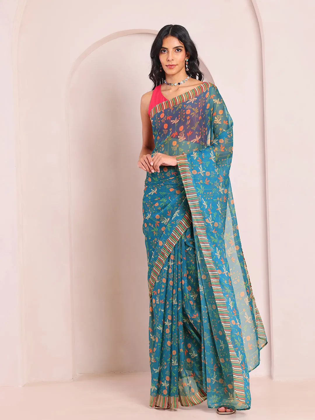 Inara Printed Teal Saree With Stripe Border