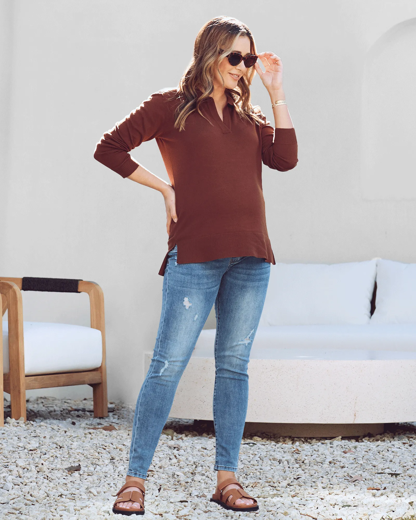 Luxurious Jolie Maternity Polo Knit Sweater in Rich Brown