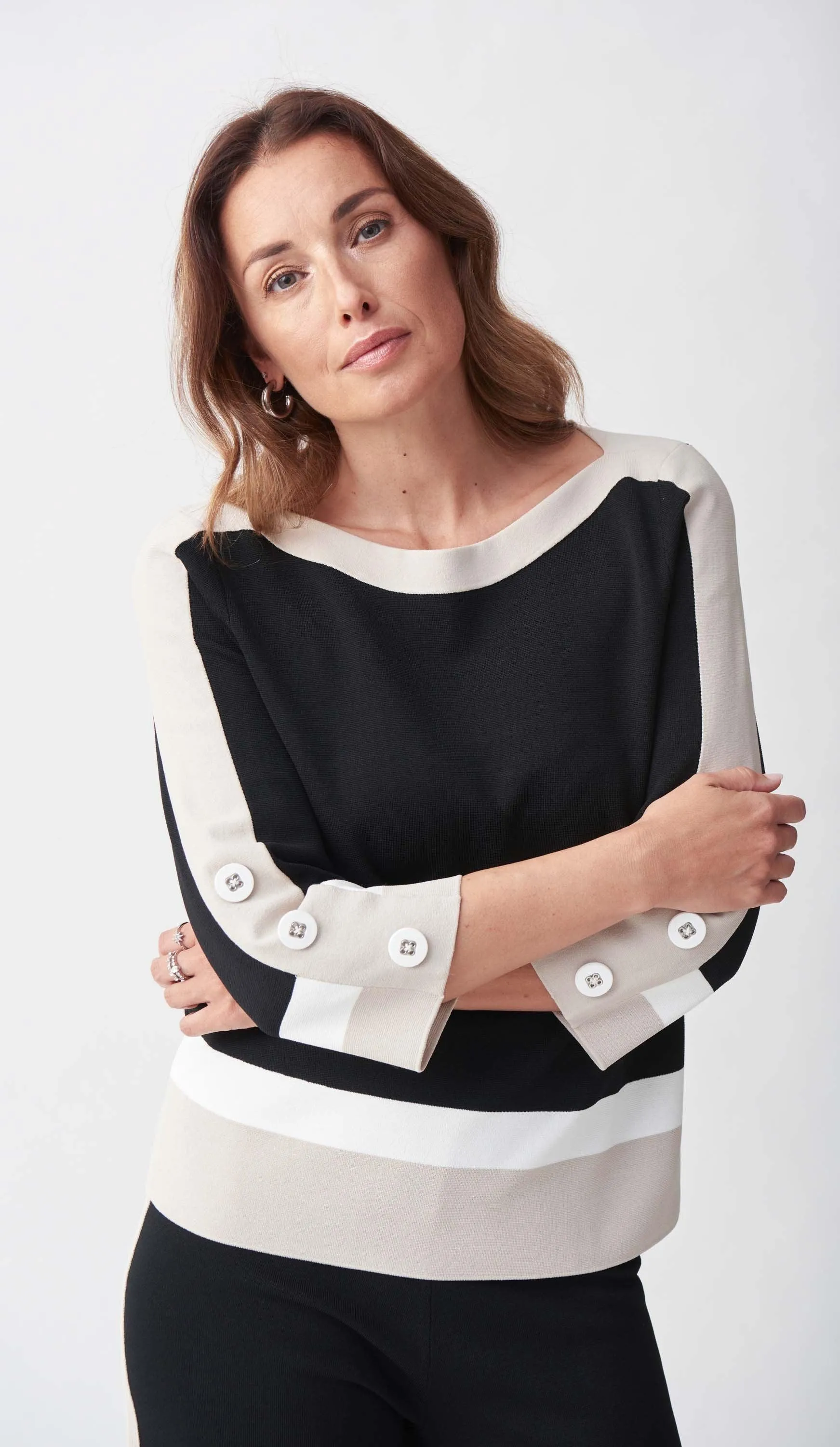 Joseph Ribkoff Black/Vanilla Top Color-Blocked Knitwear Style 221916*