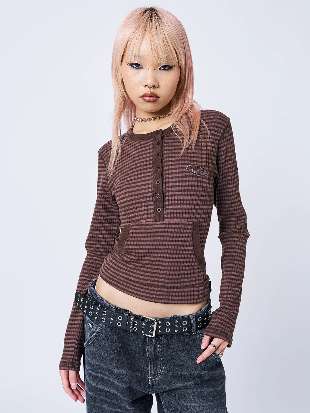 Kimi Brown Striped Half-Button Womens Casual Top