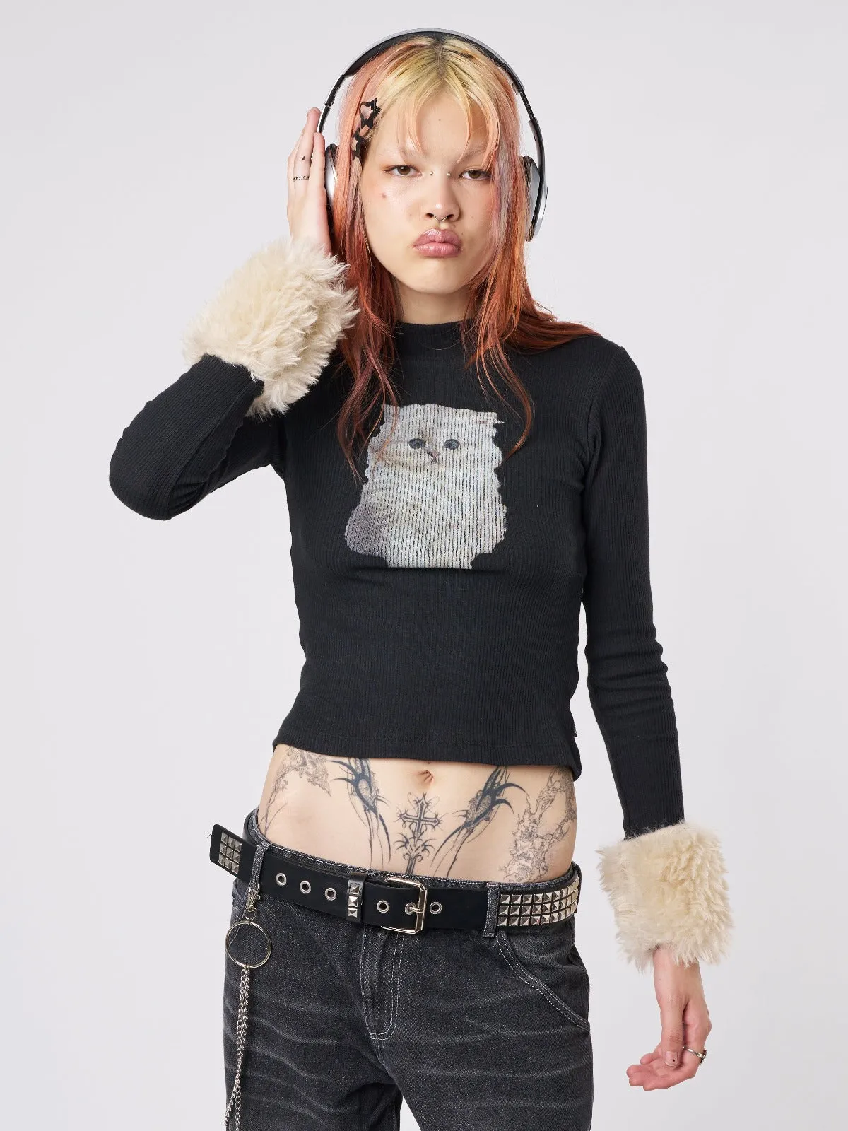 Kitty Faux Fur Cuffs High Neck Top