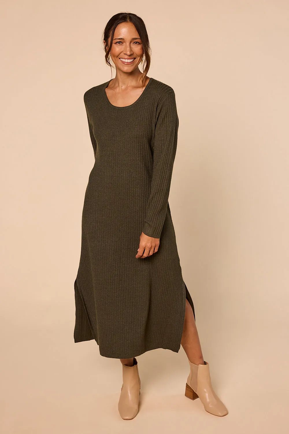 Knitted Straight Dress in Khaki