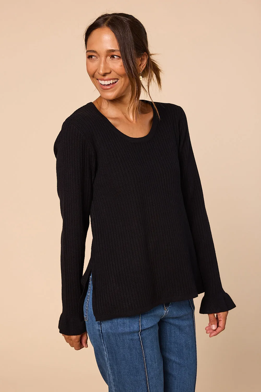 Long Sleeve Knitted Top in Black