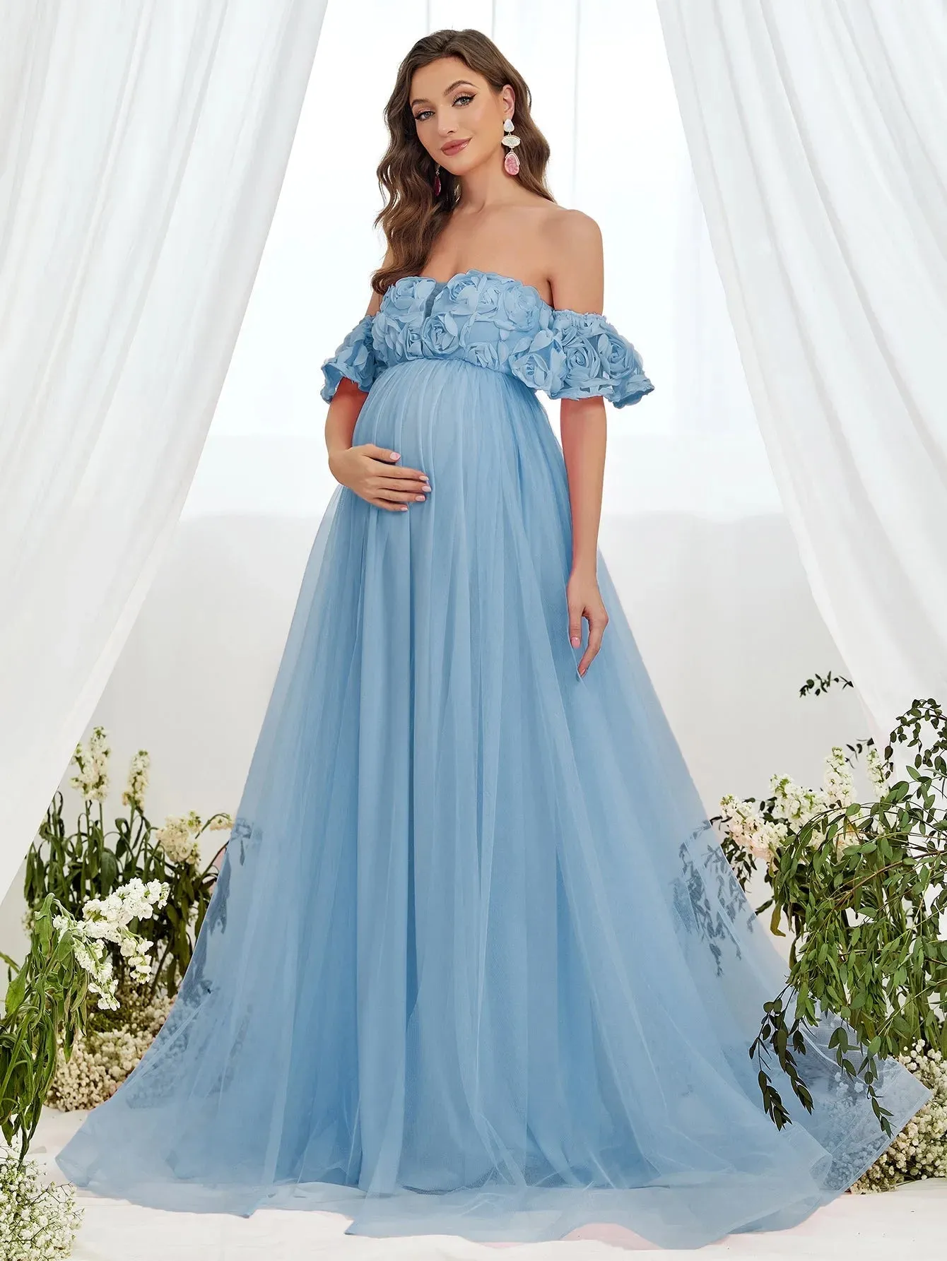 Maternity Flower Applique Off Shoulder Mesh A Line Dress