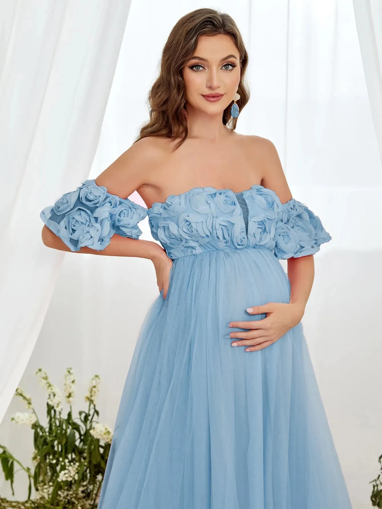 Maternity Flower Applique Off Shoulder Mesh A Line Dress