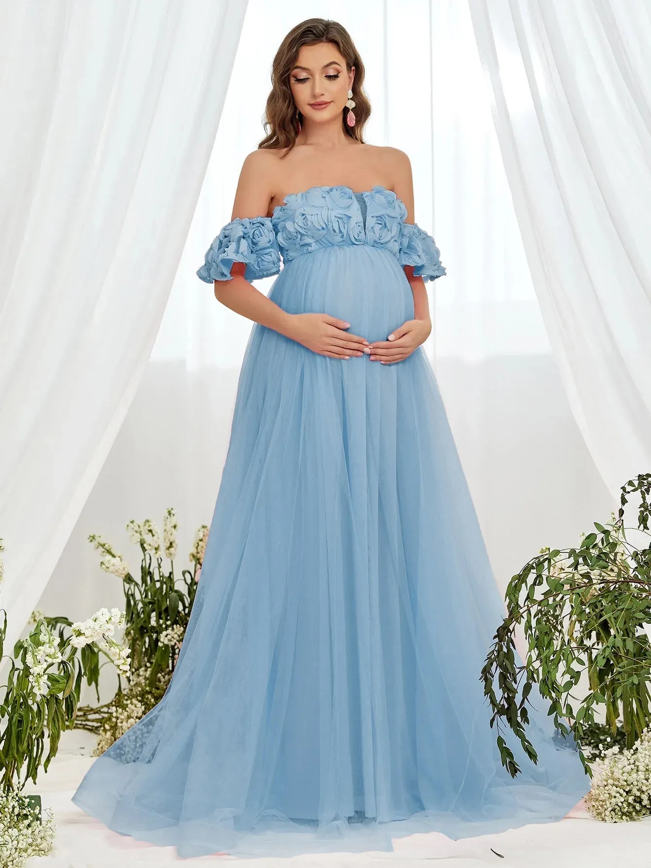 Maternity Flower Applique Off Shoulder Mesh A Line Dress