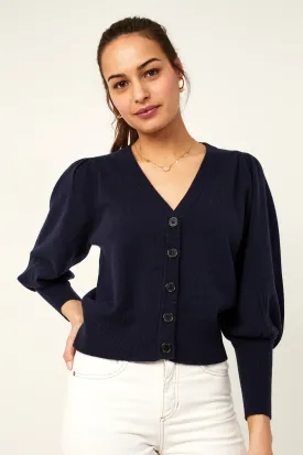 Merino Cashmere V Neck Puff Sleeve Cardigan | Navy