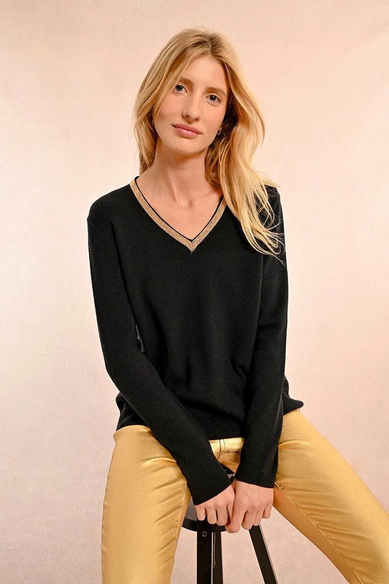 Molly Bracken Black V-Neck Jumper With Gold Iridescent Trim